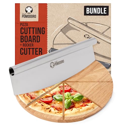 Conjuntos de tablas para picar | Chef Pomodoro - Juego De Cortador De Pizza De 14 Con Cuchilla Oscilante Y Tabla Para Cortar Pizza Cuchilla De Acero Inoxidable Y Tabla De Madera Con Guía Para Cortar Pizza