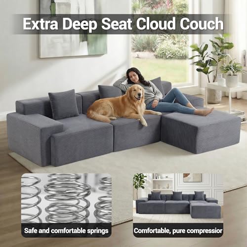 Image of 119'' Modular L-Shaped Boneless Sectional, Corduroy Deep Seat Cloud Sectional Couch, Small Space Sofa for Apartment Living Room Bedroom, No Assembly, Grey