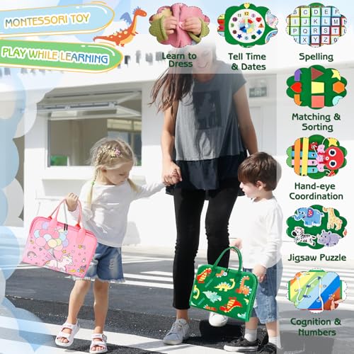 Image of Esjay Toddler Busy Board Montessori Toys for Boys and Girls, Sensory Book Educational Activities for Learning Fine Motor Skills, Birthday Gifts Toddlers, Travel Toys for Airplane Car, Green Multipages