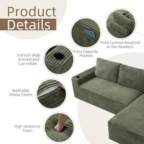 Image of 104 inch L Shaped Boneless Sectional Couches for Living Room, Comfy Corduroy Floor Cloud Sofa with Chaise and Cup Holder, Wide Armrest, Deep Seat, Assembly Free, Ideal for Small Spaces, Green