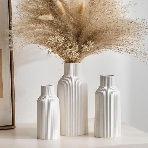Image of SPHINX Ribbed Pipe Ceramic Vase, Flower Vase, Pampas Grass Vase, Vase for Money Plant Live Plants for Home, Office, or Gifts NO Flowers- (LN-White 9 Inch)