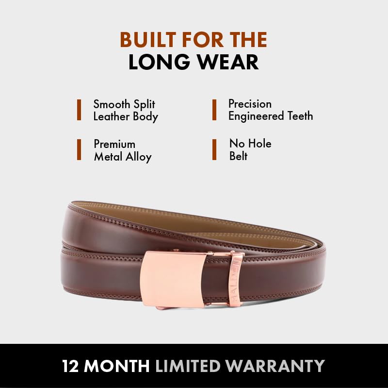 Image of HALDEN BURLEY Men's Brown Ratchet Belt | Auto-Lock Leather Formal Belt with Magnetic Buckle | Adjustable Free Size Fits Up to 44 Inch Waist