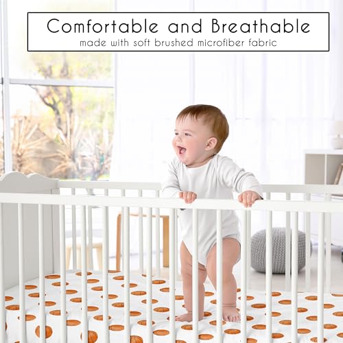 Image of Sweet Jojo Designs Fitted Baby Crib Sheets (Basketball) for Boys or Girls, Infant Nursery, Toddler Room - Standard Size (Orange & White Sports Balls for the Watercolor, Vintage Sport Theme Collection)