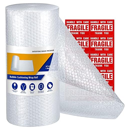 Switory - Rollo de transparente papel burbuja de 30,5 cm de ancho y 11 m de longitud, plastico de burbujas con 10 pegatinas frágiles, para empacar, mudanzas