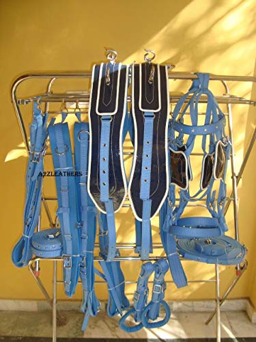 Leather Ride 2 Tone Synthetic Patent Driving Harness for Double Horse cart. Blue/Black