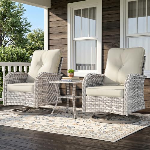 Image of 3-Piece Small Patio Furniture Set, Outdoor Swivel Rocking Chairs Set with Wicker Chairs and Tempered Glass Side Table, Outdoor Furniture Patio Bistro Set for Balcony, Deck, Porch