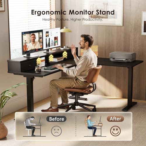 Image of Casaottima 59 Inch Electric L-Shaped Standing Desk with Drawers, Height Adjustable Stand Up Corner Desk with Monitor Stand, Lift Table for Home, Office, Workstation, Black