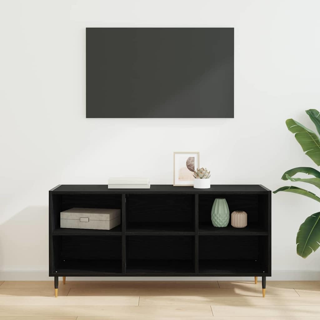 TV-Schrank Schwarz Eichen-Optik 103,5 x 30 x 50 cm Fernsehtisch mit 6 Regalen, verstellbare Böden, stabiler Metallbeine, Wandbefestigung, minimalistisch modern, für Wohnzimmer und Media Center