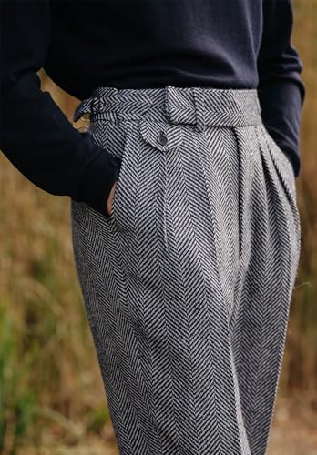 Men's Vintage Herringbone Tweed Pant High Waisted Dress Straight Trousers3