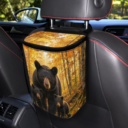 Image of Talayituse Forest Bear Hunting Camo Print Car Trash Can Portable Auto Garbage Bin Multifunctional Vehicle Interior Accessories with Adjustable Straps Universal Fit Truck SUV Sedan