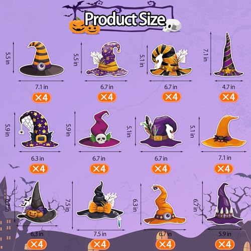Image of 48 Pcs Halloween Cutouts, Cute Witch Hat Cutouts Halloween Bulletin Board Decorations Witch Hat Paper Cut-Outs for Home School Trick or Treat Party Chalkboard Wall Decor
