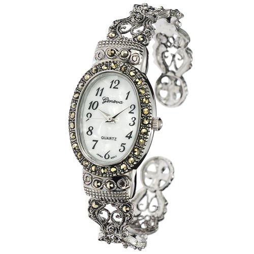 New Watches Geneva Platinum Marcasite Oval Face Women's Watch