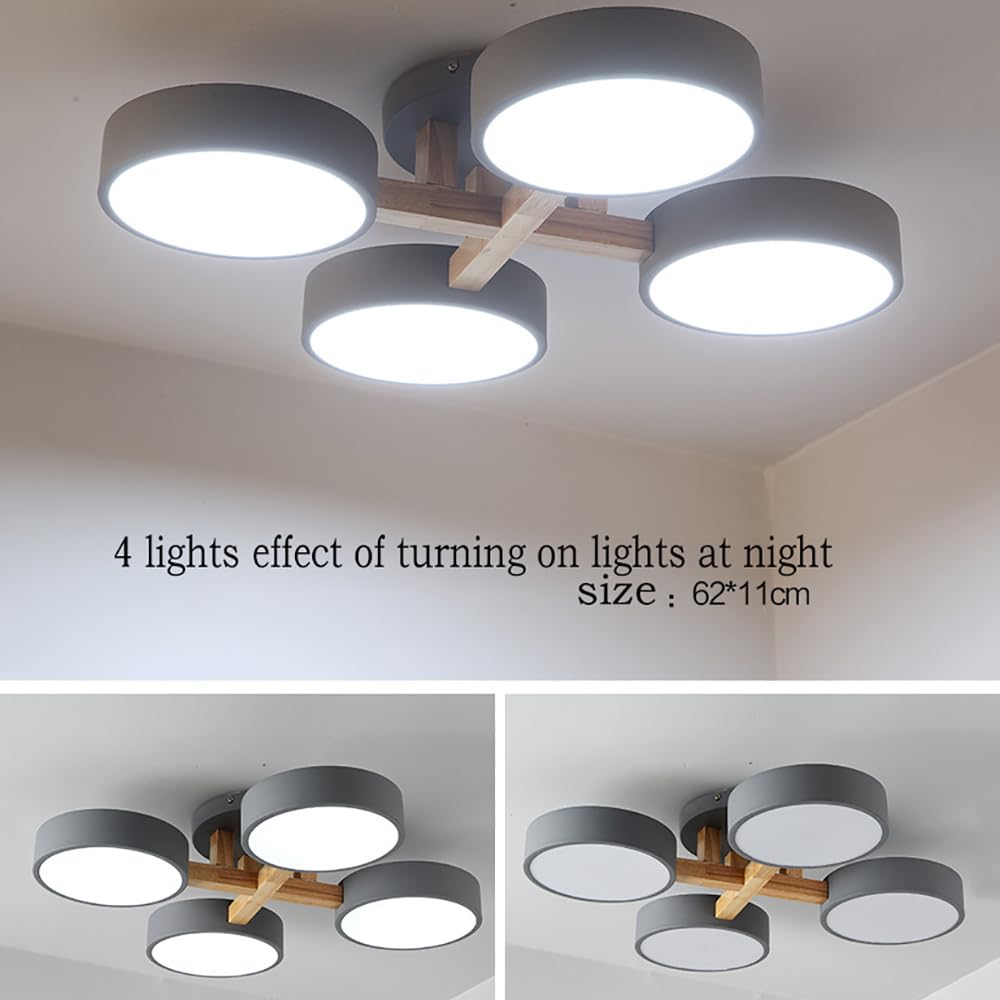 Lampa sufitowa LED, 4 światła, 61 cm, nowoczesna, podtynkowa, drewniana, 44 W, do salonu, sypialni, kuchni, kuchni, ściemniania, regulowana temperatura barwowa, szara