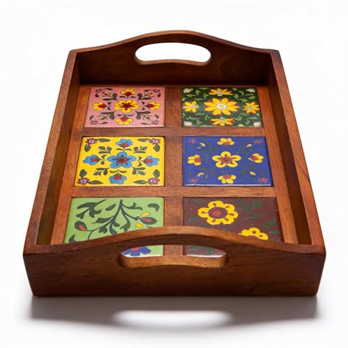 Craft Trade Mango Wood Serving Tray with Handle and 6 Fitted Floral Ceramic Tiles Wooden Platters Perfect for Breakfast Tea Coffee Snacks Dinner 30x23x8 cm