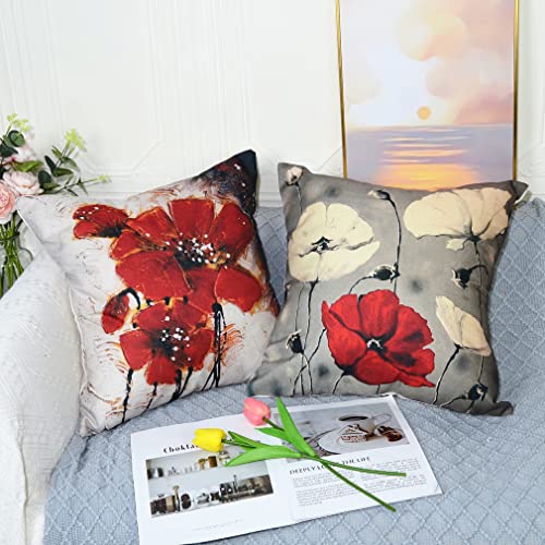 QUALKNOY Set of 4 Cushion Covers 18"x18" Red Flower Linen Modern Art Decorative Throw Pillow cases 45 x 45cm for Living Room Sofa Outdoor Pillowcases - Image 3