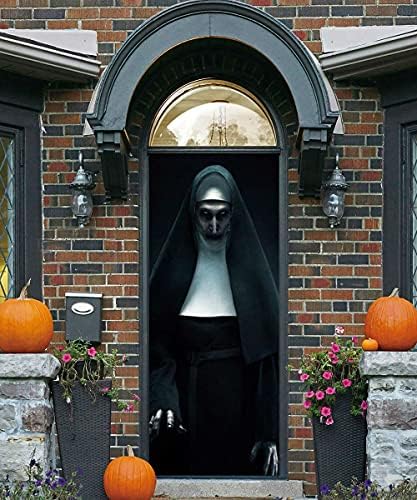 Halloween 3D Nun Door Mural Sticker - 30 x 80 Inches Self Adhesive Door Decal Sticker Horror Ghost Nun Door Wallpaper Peel and Stick Removable Vinyl Decals for Terror Scary Home Party Bar Props