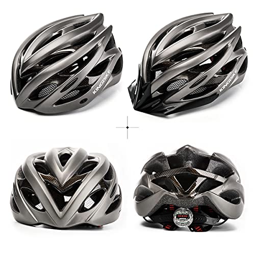 KINGBIKE Bike Helmet Men Women Bicycle Adult Cycling Specialized Road Mountain MTB Helmets for Mens Womens Adults Casco para Bicicleta with Safety Light Portable Bag Accessories(Titanium)