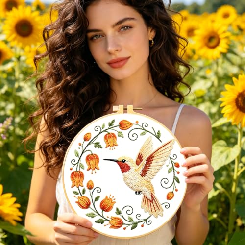 Image of BEUNITONE 6 Set Embroidery Kit for Beginner Adults, Hummingbird & Flower Cross Stitch Set with Stamped Pattern Hoops Threads Cloth Needles, Embroidery Starter Kit for Home Decoration and Gifting