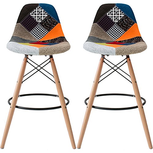 2Xhome Set Of 2 Modern 28" Plastic Barstools With Wooden Dowel Legs, Contemporary Armless Counter Stools With Back And Footrest, Upholstered Patchwork Sam #TOP8