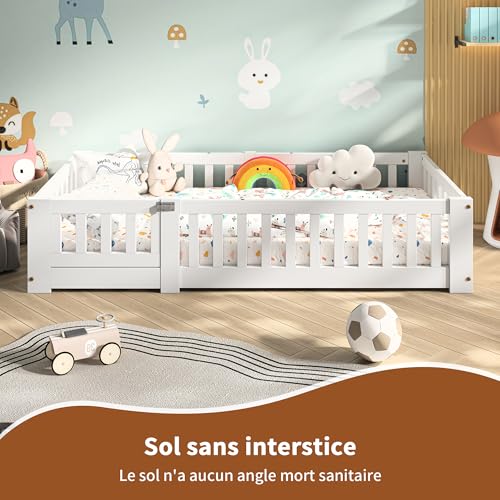Lit Enfant Montessori 90x190 Bois Pin Barrières TDRTRD