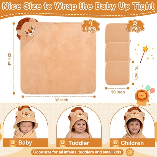 Image of 4 Pcs Baby Towels and Washcloths Set, Soft Baby Bath Towels Set(Brown Lion) | 1PC Animal Hooded Baby Bath Towels, 3PCS Baby Washcloths, Ultra Absorbent Baby Towels, Baby Bath Essentials for Boy & Girl
