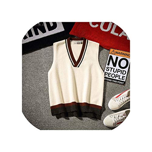 Solarphoenix Knitted Sweater Vest Men Pullover V Neck Oversized Mens Knitted Sleeveless Vests,Beige,M