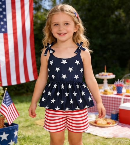Image of Toddler Girls Clothes Summer Short Set Outfit Tie Knot Shoulder Sleeveless Ruffle Tops and Shorts 2PC Clothing Set