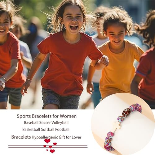 Image of Softball /Soccer /Volleyball /Basketball /Baseball /Football Sports Gifts for Girls Teens Natural Stone Beaded Cross Bracelets Christian Religious Game Day Jewelry Gift