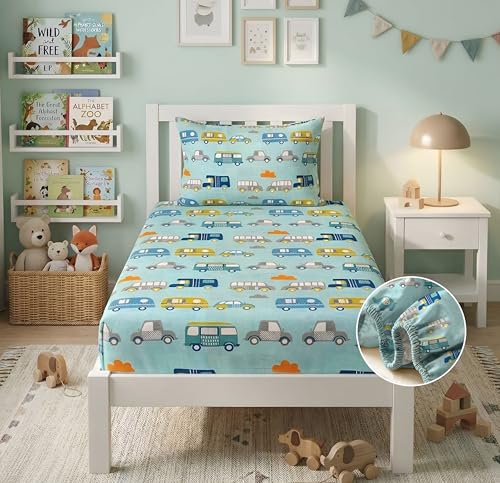 Image of HOMEKART 100% Cotton Kids Fitted Bedsheet with Pillow Cover, 220TC Soft Breathable Elastic Bedspread, Cute Animal Print, 72x36x8 Inch (Vehicle Theme Print Aqua)