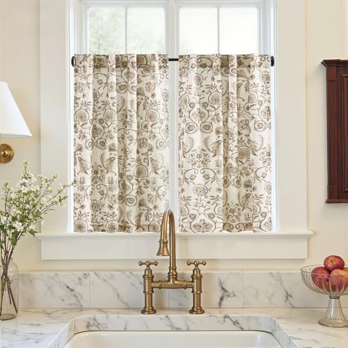 jinchan Linen Floral Kitchen Tier Curtains 36 Inch 2 Panels Taupe on Beige