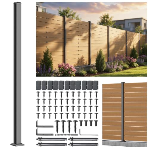 Prinfort 6FT 201 Stainless Steel Heavy Duty Fence Post for Wood Slats(Serial Post), Outdoor Ground Install Wooden Privacy Fence Panels Posts Matte Black 1Pack