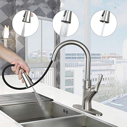 Image of ALTON TSL18075 Zinc Single Lever Sink Mixer With 3 Flow Pull-Down Sprayer, Brushed Nickel Finish