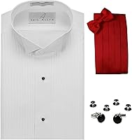 Vista 1 de Conjunto de camisa de esmoquin con cuello de ala, Cummerbund rojo, pajarita, gemelos y tachuelas, Blanco