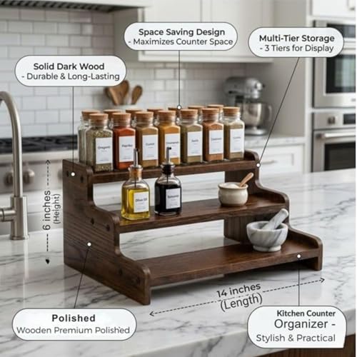 Image of 3 Tier Wooden Kitchen Organizer Rack for Countertop | Wooden Spice Rack Stand for Kitchen Counter | Kitchen Shelf Organizer & Cabinet Shelf Riser | Decorative Masala Rack Storage Stand | Dark Brown