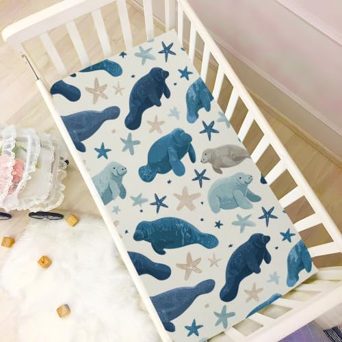 Image of Sea Manatee Star Crib Sheets Soft Breathable Fitted Baby Crib Sheets Mattress Cover for Girls Boys, 52 inch x 28 inch x 9 inch
