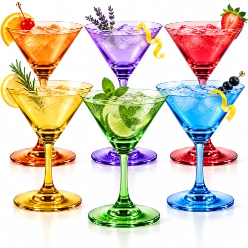 Martini Glasses Set of 6, 8oz, Crystal Luxury Martini Glass - Goblets & Chalices Elegant Colors, Hand-Blown, Art Deco Cocktail Colored Coupes For Manhattan, Cosmopolitan, Sidecar, Stemmed Color