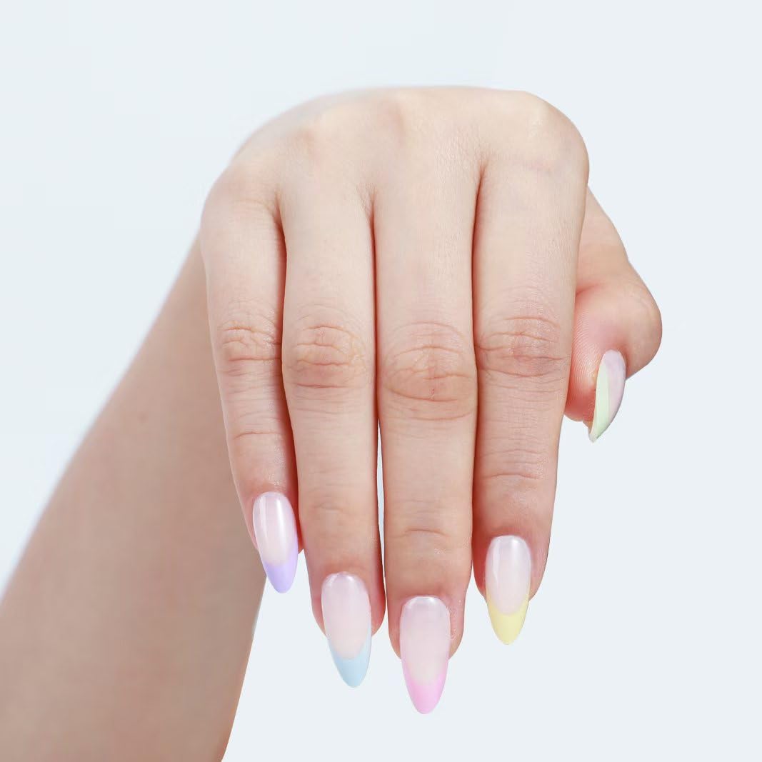 Rnker French Tip U Shape Press On Nails - Five colors Almond Top gel Nails with Bright Finish, 15 Sizes - 30 Nail Kit with Glue