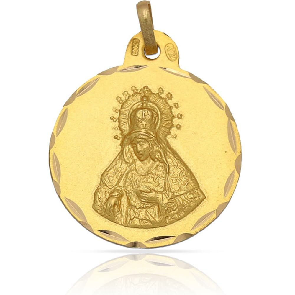 Medalla Virgen Macarena, Plata de Ley 925 Chapada en Oro, 19mm, Diseño Religioso Circular con Relieve, Presentación en Caja de Regalo