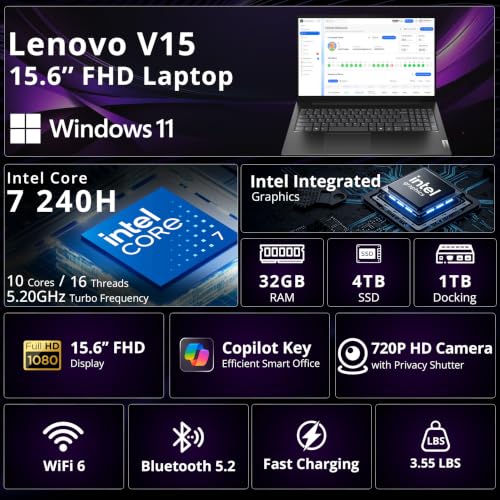 Image of Lenovo V15 Gen 5 15.6 inch FHD Business Laptop, Intel Core 7 240H, Intel Graphics, 32GB DDR5, 5TB Storage(4TB SSD+1TB Docking Station Set), Numeric Keypad, 720p HD Camera, Wi-Fi 6, Windows 11, Black