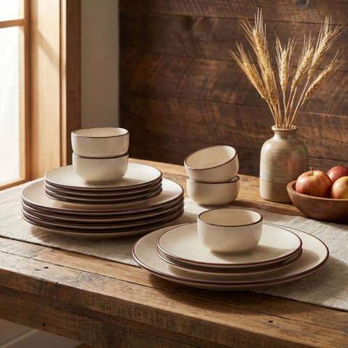 Image of Ceramic Dinner Set, Beige with Brown Rim, Speckled Finish, 18 Pieces