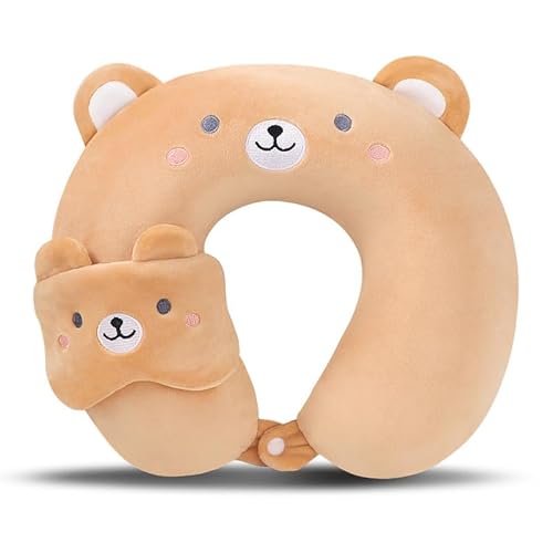 MissSoul Kids Neck Pillow for Travel with Sleep Eye Mask, Cute Travel Neck Pillow, Memory Foam Flight Sleeping Headrest Pillow for Boys & Girls, Airplane, Train, Car, Home Use - Brown Bear