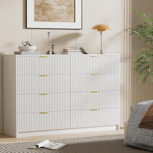 Image of Furniway Modern White 3-Piece Dresser Bedroom Set, Fluted Wood 8 Drawer Dresser with Gold Handles and 2 Drawer Nightstands, Chest of Drawers for Bedroom, Living Room, Entryway