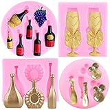 Mujiang Wine Bottles Silicone Mold Wine Glass Cup Fondant Molds Grape Champagne Bottle Candy Molds For Cake Decorating Cupcake Topper Chocolate Gum Paste Polymer Clay Set Of 4