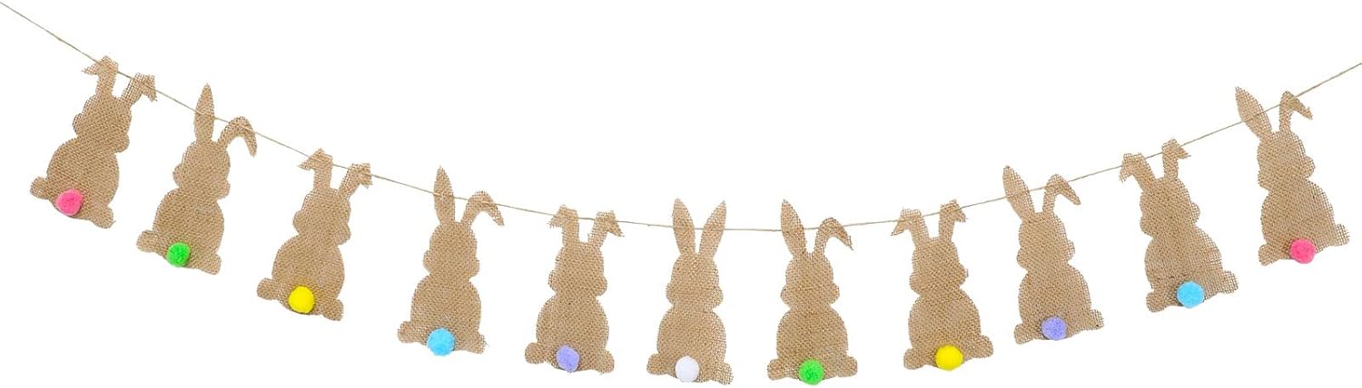 Whaline Easter Bunny Felt Banner with String 11 Pcs Colorful Tail Bunting Garland Pre-Assembled Spring Rabbit Hanging Decoration for Home Backdrop Decor Party Supplies