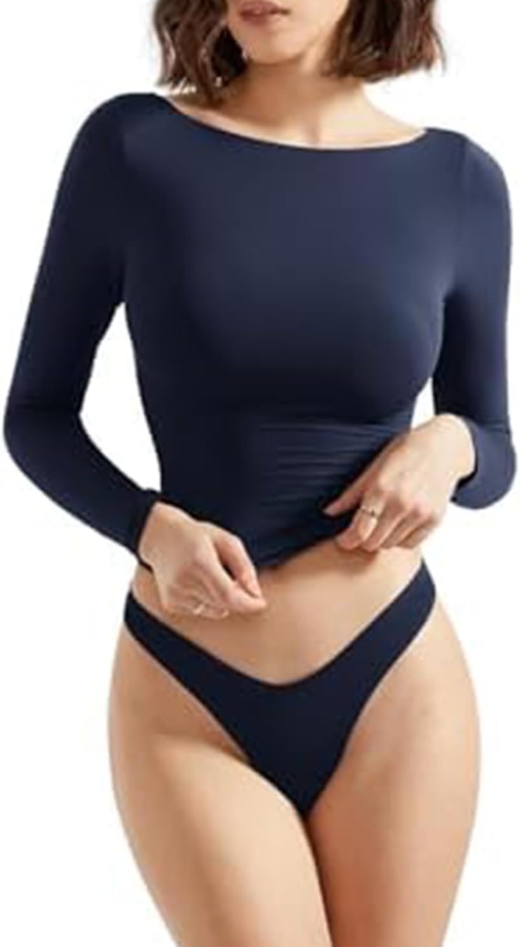 Women Double Lined Fitted Basic T Shirts Boat Neck Long Sleeve Crop Top