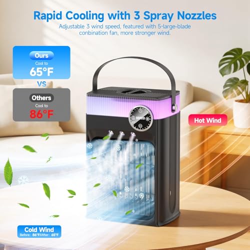 Image of Portable Air Conditioners, 4 in 1 Evaporative Air Cooler with 1200ML Tank, Queit Cooling Fan with Remote Control, 2-8H Timer, 3 Modes & 8 LED Lights, Personal AC Unit for Bedroom, Office and Camping