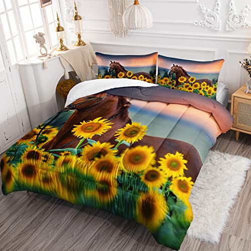 Bsntho 3D Horse Comforter Set Queen Size For Kids Teens Brown Horse Walking With Sunflowers Bedding Set Flower Wild Animal Comforter Soft Lightweight Microfiber Quilt Set With 2 Matching Pillowcases #TOP1