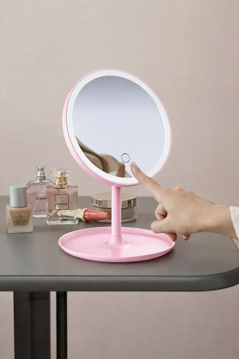 LED Işıklı Dokunmatik Masaüstü Makyaj Aynası Ayarlanabilir Pembe Kozmetik Aynası