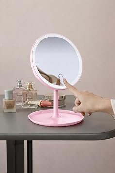 LED I kl  Dokunmatik Masa st  Makyaj Aynas  Ayarlanabilir Pembe Kozmetik Aynas  [Enerji S n f  A]