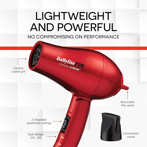 BaBylissPRO Ceramix Xtreme Ceramic Travel Hairdryer, Red, 1 Count